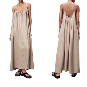 ZARA Maxi Dress Size XS Taupe Oversized 100% Lyocell Thin Adjustable Strap Boho